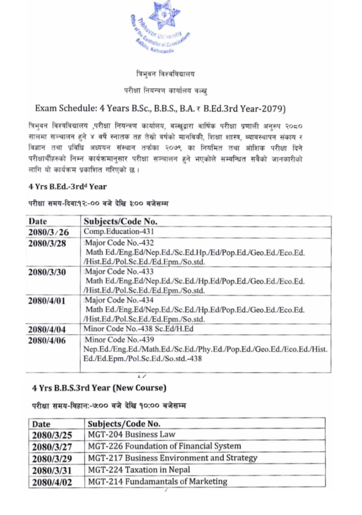 TU Exam Routine BBS and BEd 3rd Year